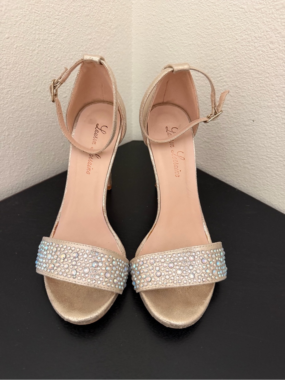 Lauren Lorraine Pink Rose Gold Crystal Strap Heels Sparkle Stiletto